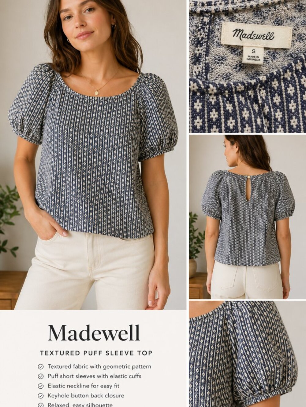 Madewell Textured Puff Sleeve Blouse Top Small Blue White Boho Cottagecore